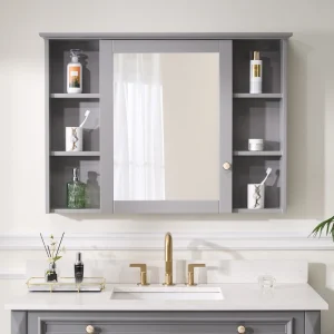 WELLFOR ART Solid Wood 42-in x 30-in Surface Mount Gray Mirrored Soft Close Medicine Cabinet
