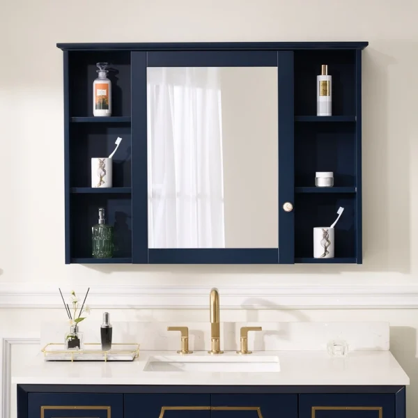 WELLFOR ART Solid Wood 42-in x 30-in Surface Mount Navy Blue Mirrored Soft Close Medicine Cabinet