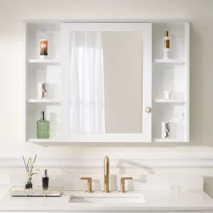 WELLFOR ART Solid Wood 42-in x 30-in Surface Mount White Mirrored Soft Close Medicine Cabinet