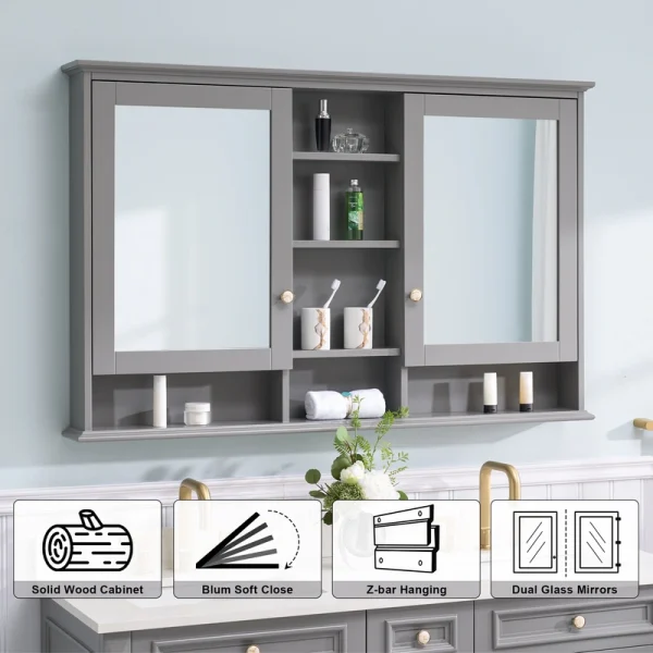 WELLFOR ART Solid Wood 55-in x 35-in Surface Mount Gray Mirrored Soft Close Medicine Cabinet
