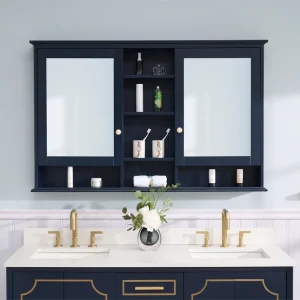 WELLFOR ART Solid Wood 55-in x 35-in Surface Mount Navy Blue Mirrored Soft Close Medicine Cabinet