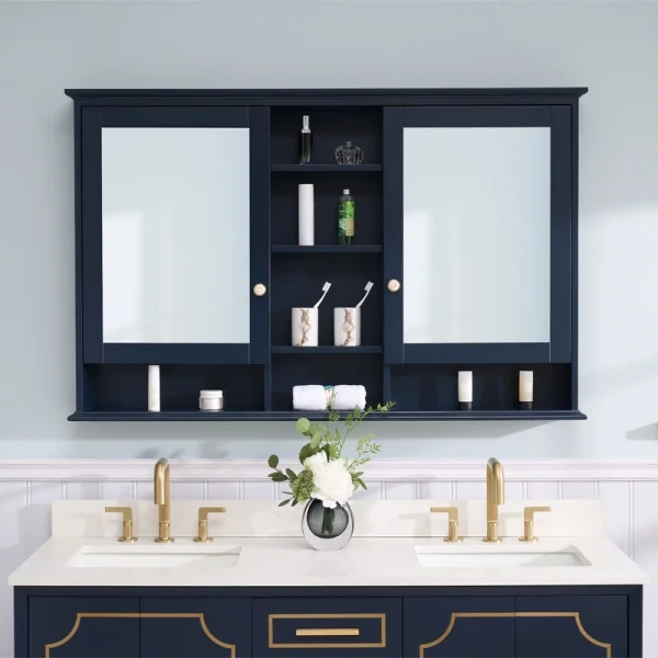 WELLFOR ART Solid Wood 55-in x 35-in Surface Mount Navy Blue Mirrored Soft Close Medicine Cabinet