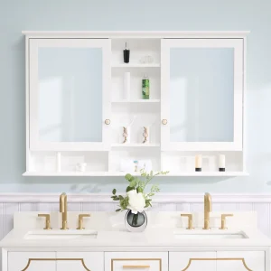 WELLFOR ART Solid Wood 55-in x 35-in Surface Mount White Mirrored Soft Close Medicine Cabinet