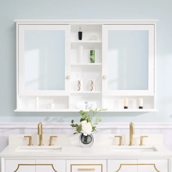 WELLFOR ART Solid Wood 55-in x 35-in Surface Mount White Mirrored Soft Close Medicine Cabinet