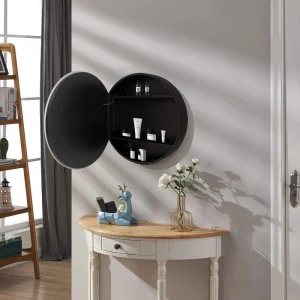 WELLFOR AS 26-in x 26-in Lighted LED Fog Free Surface Mount Black Mirrored Round Medicine Cabinet
