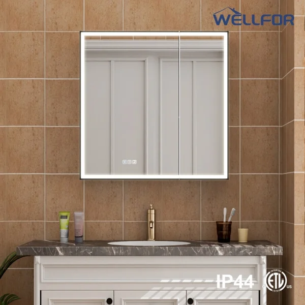 WELLFOR AYLA 30-in x 30-in Lighted LED Fog Free Surface/Recessed Mount Black Soft Close Medicine Cabinet with Outlet