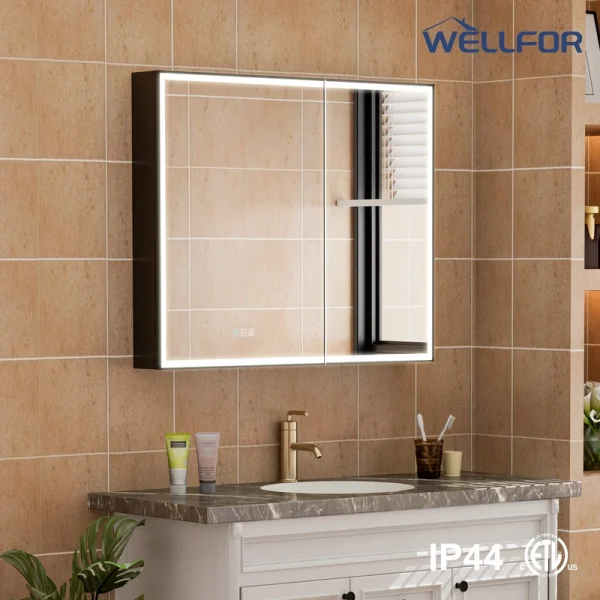 WELLFOR AYLA 36-in x 30-in Lighted LED Fog Free Surface/Recessed Mount Black Soft Close Medicine Cabinet with Outlet