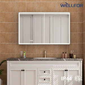 WELLFOR AYLA 48-in x 30-in Lighted LED Fog Free Surface/Recessed Mount Black Soft Close Medicine Cabinet with Outlet
