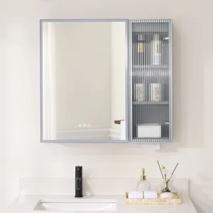 WELLFOR FLORA Solid Wood 30-in x 28-in Lighted LED Surface Mount Gray Mirrored Soft Close Medicine Cabinet