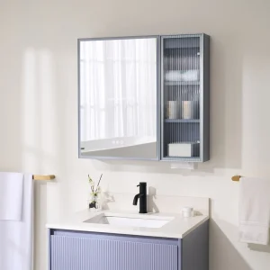 WELLFOR FLORA Solid Wood 30-in x 28-in Lighted LED Surface Mount Lavender Mirrored Soft Close Medicine Cabinet