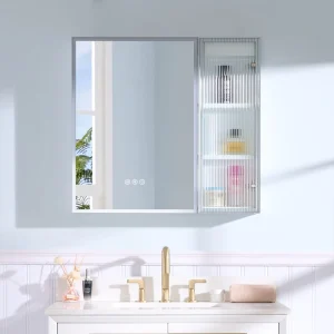 WELLFOR FLORA Solid Wood 30-in x 28-in Lighted LED Surface Mount White Mirrored Soft Close Medicine Cabinet