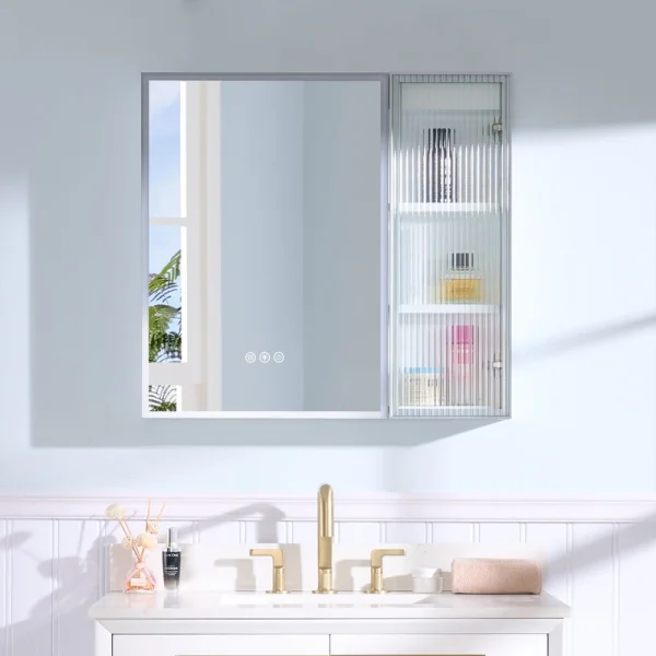 WELLFOR FLORA Solid Wood 30-in x 28-in Lighted LED Surface Mount White Mirrored Soft Close Medicine Cabinet