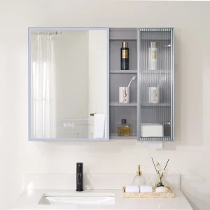 WELLFOR FLORA Solid Wood 36-in x 28-in Lighted LED Surface Mount Gray Mirrored Soft Close Medicine Cabinet
