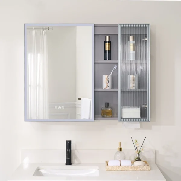 WELLFOR FLORA Solid Wood 36-in x 28-in Lighted LED Surface Mount Gray Mirrored Soft Close Medicine Cabinet