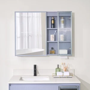 WELLFOR FLORA Solid Wood 36-in x 28-in Lighted LED Surface Mount Lavender Mirrored Soft Close Medicine Cabinet
