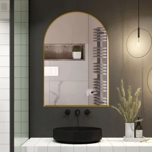 WELLFOR FS Medicine Cabinet 24-in x 36-in Surface/Recessed Mount Gold Mirrored Arched Soft Close Medicine Cabinet