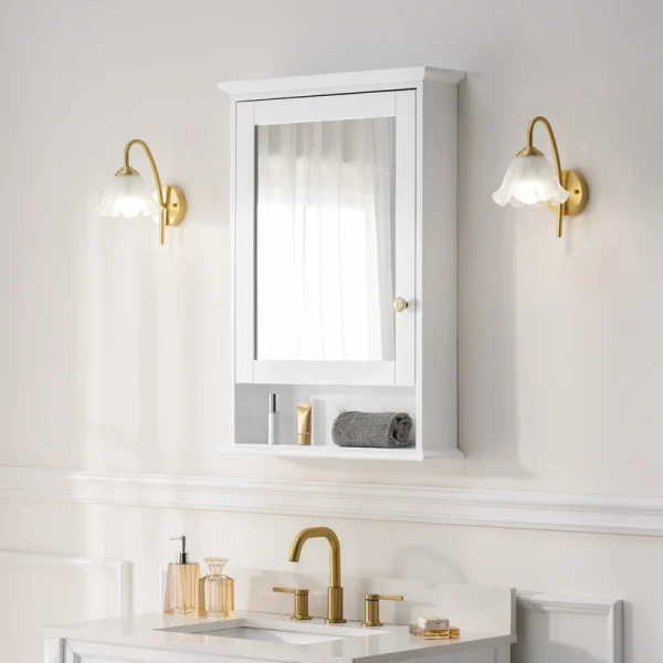 WELLFOR GRACE Solid Wood 24-in x 34-in Surface Mount White Mirrored Soft Close Medicine Cabinet T726916593