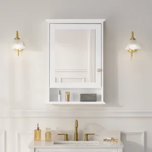 WELLFOR GRACE Solid Wood 24-in x 34-in Surface Mount White Mirrored Soft Close Medicine Cabinet T726916629