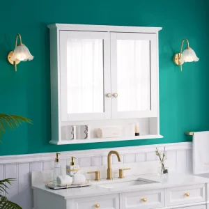 WELLFOR GRACE Solid Wood 36-in x 34-in Surface Mount White Mirrored Soft Close Medicine Cabinet T726916570