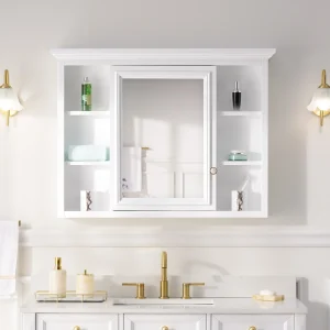 WELLFOR GRACE Solid Wood 40-in x 30-in Surface Mount White Mirrored Soft Close Medicine Cabinet T726916630