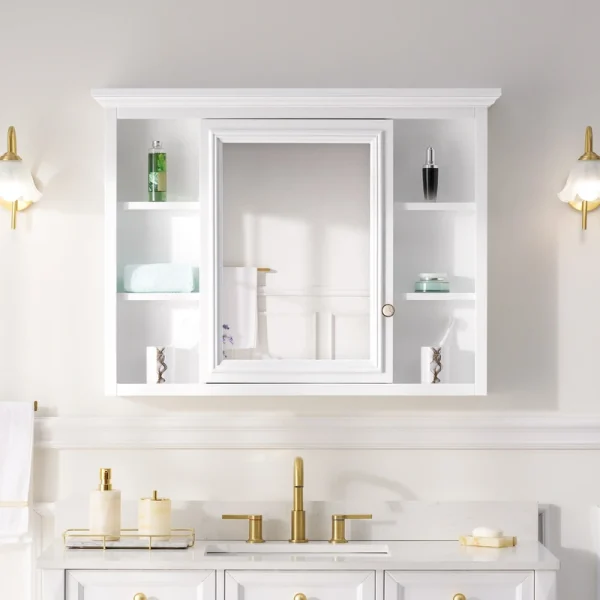 WELLFOR GRACE Solid Wood 40-in x 30-in Surface Mount White Mirrored Soft Close Medicine Cabinet T726916630