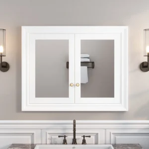 WELLFOR GRACE Solid Wood 40-in x 32-in Recessed Mount White Mirrored Soft Close Medicine Cabinet T726916536