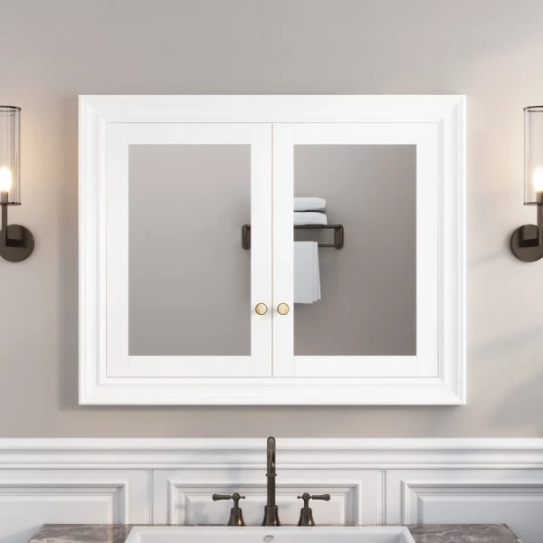 WELLFOR GRACE Solid Wood 40-in x 32-in Recessed Mount White Mirrored Soft Close Medicine Cabinet T726916536