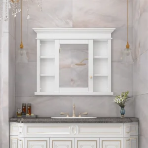 WELLFOR GRACE Solid Wood 40-in x 32-in Recessed Mount White Mirrored Soft Close Medicine Cabinet T726916546