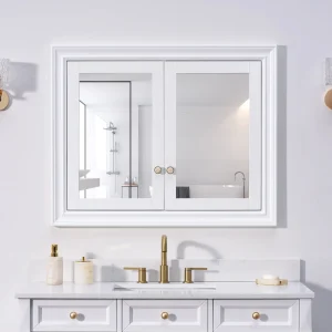 WELLFOR GRACE Solid Wood 40-in x 32-in Recessed Mount White Mirrored Soft Close Medicine Cabinet T726916564