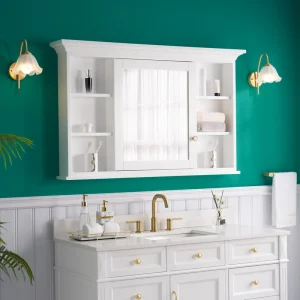WELLFOR GRACE Solid Wood 48-in x 30-in Surface Mount White Mirrored Soft Close Medicine Cabinet with Outlet