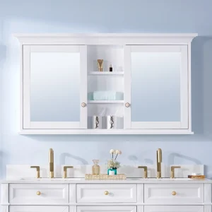 WELLFOR GRACE Solid Wood 55-in x 30-in Surface Mount White Mirrored Soft Close Medicine Cabinet