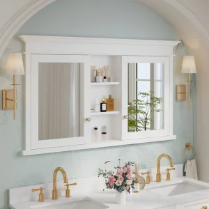 WELLFOR GRACE Solid Wood 55-in x 32-in Recessed Mount White Mirrored Soft Close Medicine Cabinet