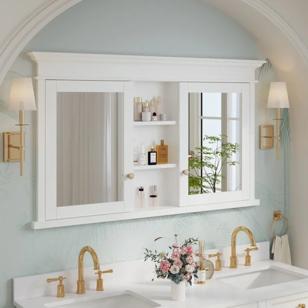WELLFOR GRACE Solid Wood 55-in x 32-in Recessed Mount White Mirrored Soft Close Medicine Cabinet