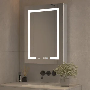 WELLFOR Left Hinge 24-in x 32-in Lighted LED Fog Free Surface Mount Aluminum Mirrored Soft Close Medicine Cabinet with Outlet