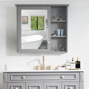 WELLFOR Solid Wood 34-in x 30-in Surface Mount Gray Mirrored Soft Close Medicine Cabinet