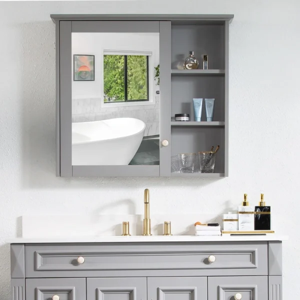 WELLFOR Solid Wood 34-in x 30-in Surface Mount Gray Mirrored Soft Close Medicine Cabinet