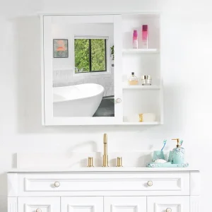 WELLFOR Solid Wood 34-in x 30-in Surface Mount White Mirrored Soft Close Medicine Cabinet