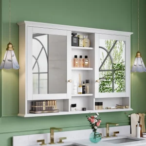 WELLFOR V1 Solid Wood 55-in x 35-in Surface Mount White Mirrored Soft Close Medicine Cabinet