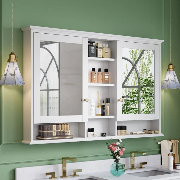 WELLFOR V1 Solid Wood 55-in x 35-in Surface Mount White Mirrored Soft Close Medicine Cabinet