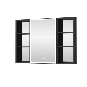 WELLFOR W12 44-in x 30-in Lighted LED Fog Free Surface/Recessed Mount Anodized Black Aluminum Mirrored Soft Close Medicine Cabinet with Outlet T726916456