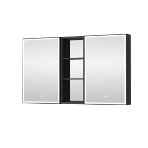 WELLFOR W12 53-in x 30-in Lighted LED Fog Free Surface/Recessed Mount Anodized Black Aluminum Mirrored Soft Close Medicine Cabinet with Outlet