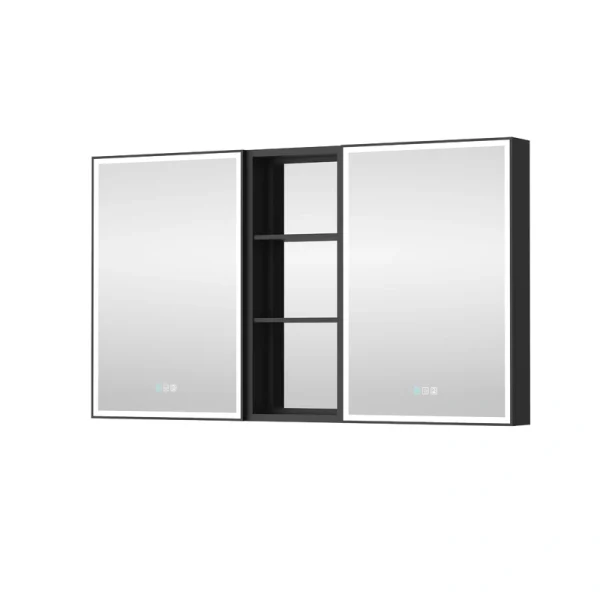WELLFOR W12 53-in x 30-in Lighted LED Fog Free Surface/Recessed Mount Anodized Black Aluminum Mirrored Soft Close Medicine Cabinet with Outlet