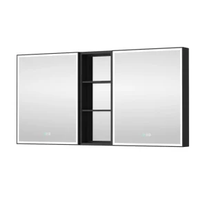 WELLFOR W12 60-in x 30-in Lighted LED Fog Free Surface/Recessed Mount Anodized Black Aluminum Mirrored Soft Close Medicine Cabinet with Outlet