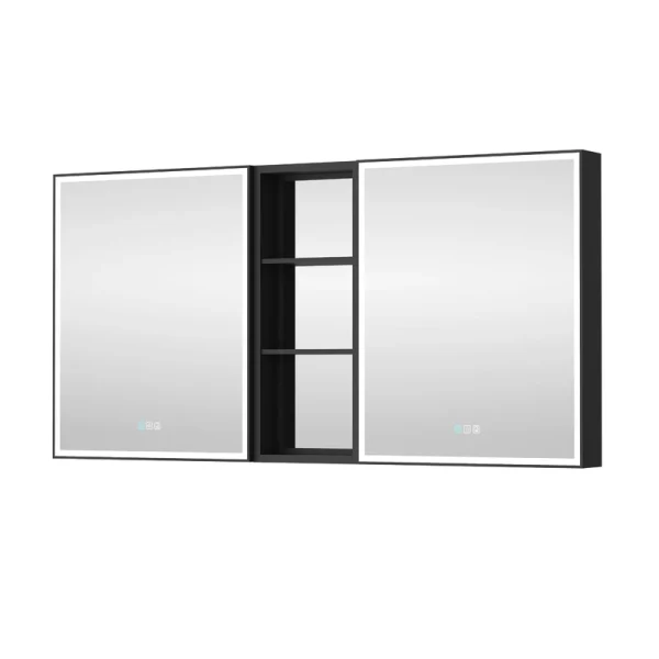 WELLFOR W12 60-in x 30-in Lighted LED Fog Free Surface/Recessed Mount Anodized Black Aluminum Mirrored Soft Close Medicine Cabinet with Outlet