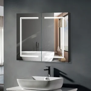 Winado 32-in x 28-in Lighted LED Fog Free Surface/Recessed Mount Black Mirrored Medicine Cabinet with Outlet