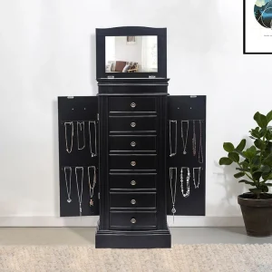 Winado Traditional Black Jewelry Armoire with 7 Drawers, 2 Doors, and Mirror – Freestanding Floor Cabinet for Necklaces, Rings, and More
