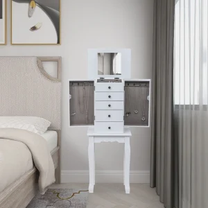 Winado Traditional White Jewelry Armoire with 2 Doors, 4 Drawers, and Mirror – Freestanding Floor Cabinet for Hidden Storage