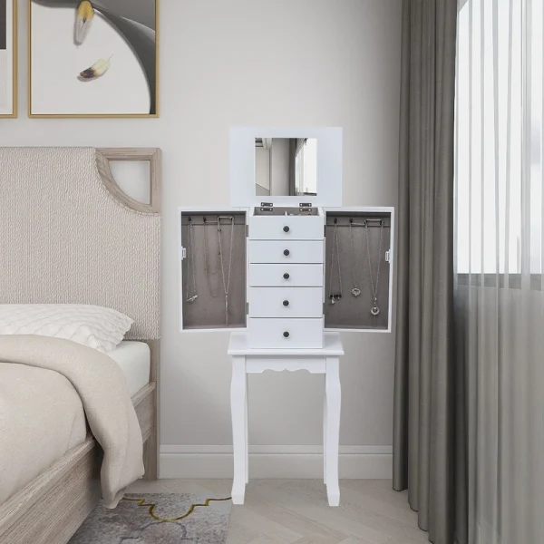 Winado Traditional White Jewelry Armoire with 2 Doors, 4 Drawers, and Mirror – Freestanding Floor Cabinet for Hidden Storage