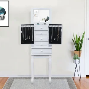 Winado Traditional White Jewelry Armoire with 4 Drawers, 2 Doors, and Mirror – Freestanding Floor Cabinet