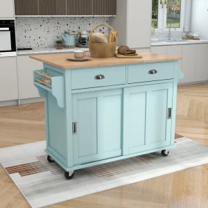 Xspracer Green Mdf Base with Wood Top Rolling Kitchen Island (21-in x 52-in x 37-in)